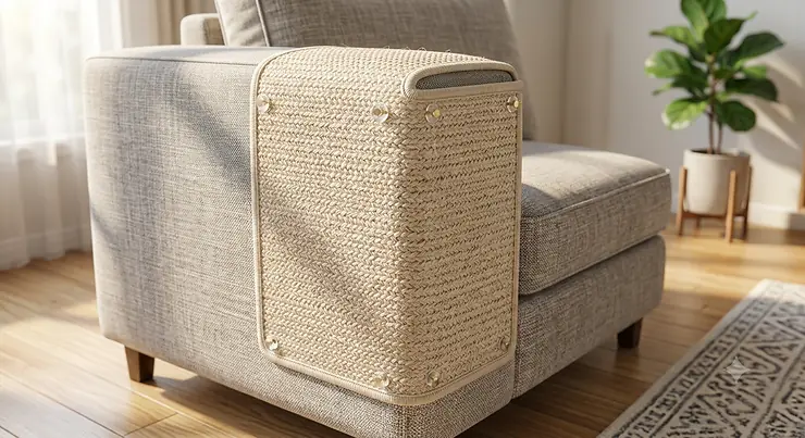 Illustration showing a woven sisal cat scratch furniture protector wrapped around a sofa armrest.
