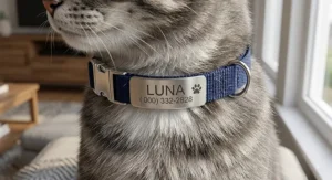 Curved stainless steel slide-on cat ID tag resting flat on a nylon collar