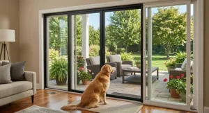 Sliding glass patio doorway featuring a custom installed pet proof screen door frame