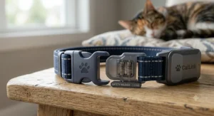 A close-up view of a quick-release breakaway safety buckle on a modern GPS cat collar.