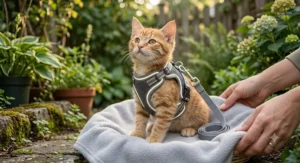 Illustration of a small kitten wearing a plush soft-padded cat vest harness for safe early leash training.
