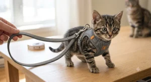 Kitten wearing a small soft padded cat harness indoors during leash training