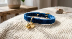 Plush blue velvet kitten collar with a quiet ringing bell designed for smaller pets