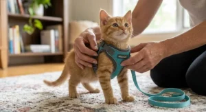 Owner putting a step-in harness for kittens on a small ginger kitten.