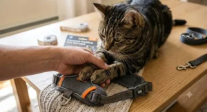 Illustration showing how to put a step-in padded cat harness with adjustable straps on a cat