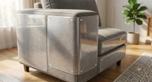 Illustration of transparent cat scratch furniture protector sheets installed on a fabric living room sofa.
