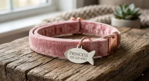 Soft pink velvet personalized cat collar with a custom engraved fish-shaped stainless steel ID tag.