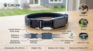 An illustrated feature diagram highlighting the waterproof casing and durable strap of a GPS cat collar.