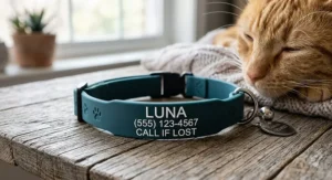 Durable waterproof silicone personalized cat collar with clear laser-engraved owner contact information.
