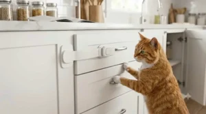 Heavy-duty adhesive strap lock mounted on kitchen drawers preventing a curious orange tabby cat from opening cabinet doors.