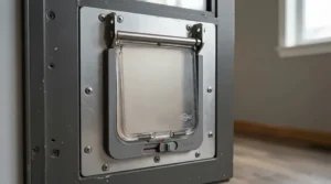 Close-up of an aluminum-framed sliding glass cat door insert showing the heavy-duty weather stripping and flap.