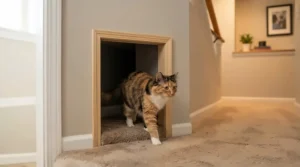A sturdy best cat door installed at the bottom of a basement stairwell wall.