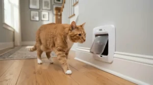 An advanced electronic best cat door unlocking as a cat approaches wearing a smart collar.