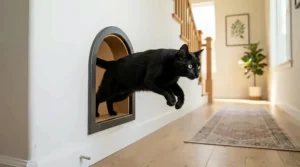 An interior best cat door fitted into a hallway drywall for easy pet access between rooms.