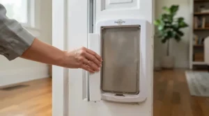 A secure best cat door with a slide-in metal lock panel for nighttime safety.