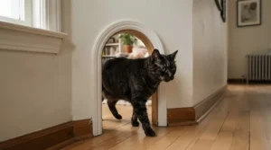 A sleek black cat stepping through an interior cat door located in a suburban hallway