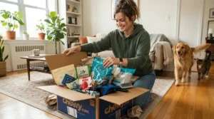 An apartment owner unboxing budget cat supplies to find affordable cat products.