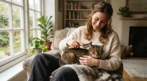 A cat enjoying a grooming session using cost-effective budget cat supplies.