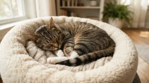 A sleeping cat resting on a soft bed purchased as part of budget cat supplies.