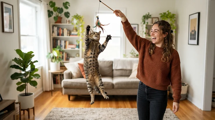 A pet owner engaging a playful feline using cheap cat essentials and budget cat supplies.