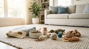 A variety of budget cat supplies arranged neatly on a modern living room floor for an affordable cat products haul.