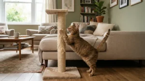 A curious cat playing near a durable value products option among budget cat supplies.