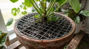 Close-up of a sturdy plant protector for cats keeping curious paws away from potting soil