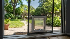 A sturdy cat door for large cats fitted into a backyard patio screen
