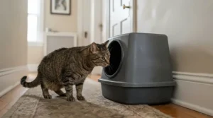 A hesitant cat looking at the entrance of a covered vs open litter box in a quiet hallway.