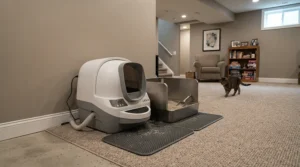 Observing cat preference by placing a covered vs open litter box option side by side in a basement.