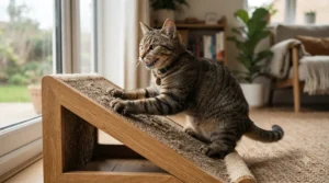 A happy feline scratching enthusiastically on a sisal vs cardboard cat scratcher.