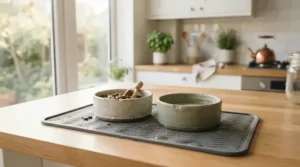 Essential cat supplies for kittens including small ceramic food and water bowls on a kitchen mat