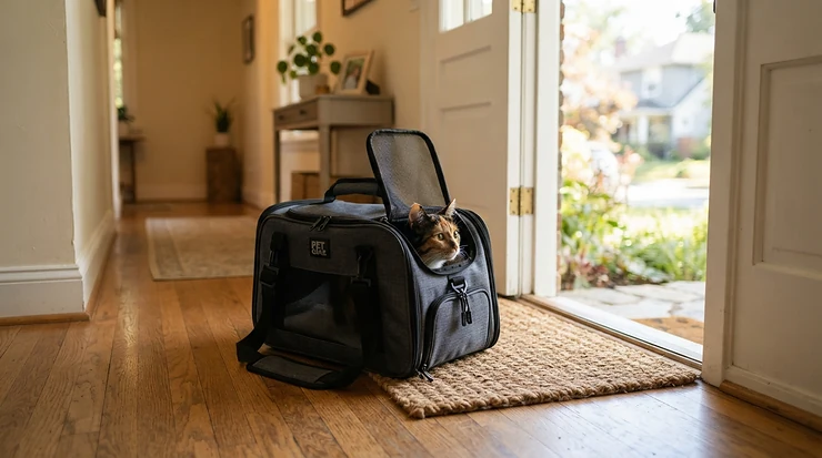 Travel-friendly cat supplies for kittens including a secure mesh pet carrier for vet visits