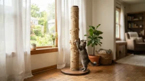 Durable cat supplies for kittens like a sisal scratching post near a sunny apartment window