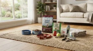 An assortment of cat supplies for kittens laid out on a living room rug as part of a new pet starter kit