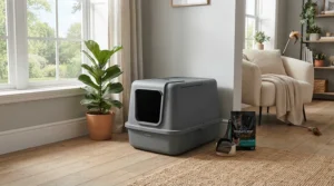 Cat supplies for maine coon including an extra large litter box set in a modern apartment