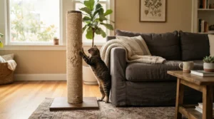 Cat supplies for maine coon featuring a heavy-duty sisal scratching post in a living room