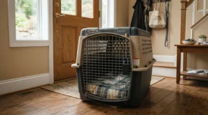 Cat supplies for maine coon represented by a durable, hard-shell travel carrier in a hallway