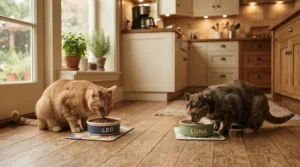 A helpful diagram of cat supplies for multiple cats featuring separated feeding stations to prevent mealtime stress.