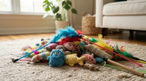 Engaging cat supplies for multiple cats such as interactive puzzle feeders and feather wands on the floor.