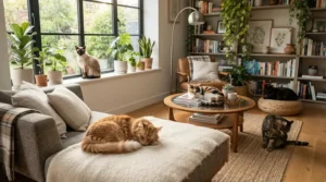 An illustration showing cat supplies for multiple cats arranged neatly in a bright American suburban living room.