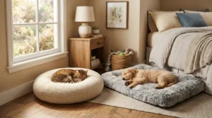 Cozy cat supplies for multiple cats featuring separate plush beds placed side by side near a window.