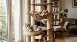 Various cat supplies for multiple cats highlighting tall climbing trees and wall perches for territory management.