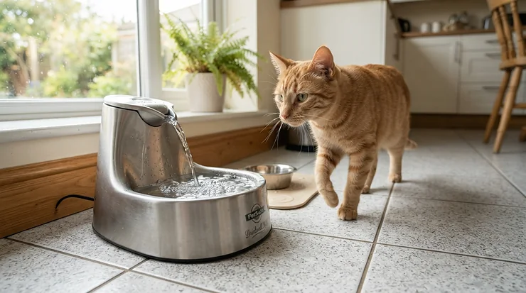 Automatic water fountain cat supplies for multiple cats encouraging hydration in a shared kitchen space.