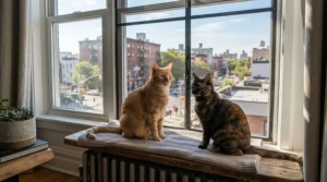Comfortable window hammock cat supplies for multiple cats allowing two pets to observe birds outside.