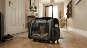 Cat supplies for senior cats including a rolling pet carrier for comfortable veterinary visits