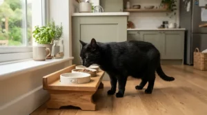 Cat supplies for senior cats highlighting elevated ceramic food and water bowls