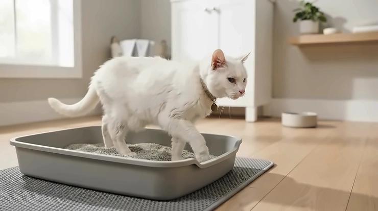 Cat supplies for senior cats displayed as a low-entry litter box on a hardwood floor