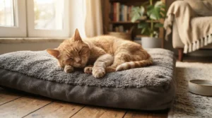Cat supplies for senior cats featuring an orthopedic memory foam bed in a quiet corner