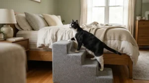 Cat supplies for senior cats like foam pet stairs helping an aged cat reach a high bed